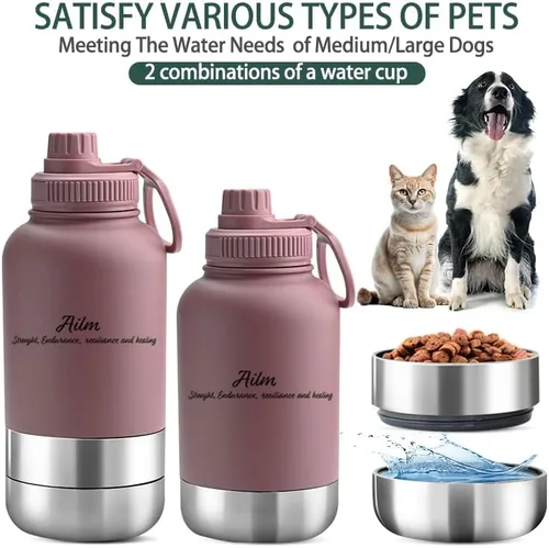 Vista 4 de Comedero para mascotas de viaje, dispensador de botellas de agua y alimentos 3 en 1 (Rost)