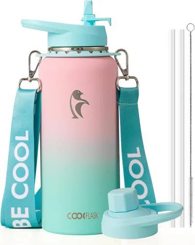 Vista 17 de Botella de agua Coolflask de 40 onzas con correa, botella de agua metálica aislada con popote y tapas con pico, acero inoxidable de doble pared al