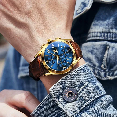 Vista 3 de OLEVS Reloj cronógrafo de cuarzo para hombre correa de cuero dorada con fecha de día reloj de pulsera de acero inoxidable impermeable relojes