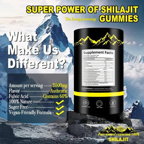 Vista 2 de Gomitas Shilajit, gomitas puras de Shilaljit del Himalaya, sin azúcar añadida, sin OMG, orgánicas naturales, Ashwagandha, Gokshura Ácido fúlvico