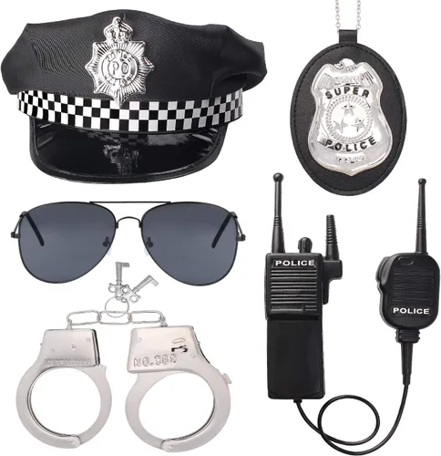 Vista 8 de Beelittle - Kit de policía, gorro de policía con esposas, walkie talkies, esposas, placa y lentes