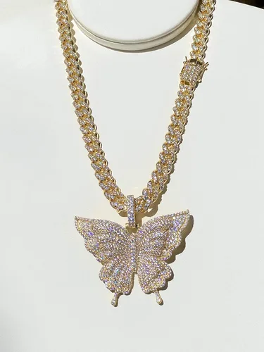 Vista 4 de Gargantilla de cadena de eslabones cubanos Miami con acabado de oro de 14 quilates para mujer, collar de raperos de mariposa helada, juego de puntas