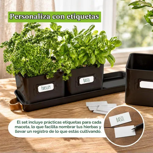 Vista 5 de volila - Juego de 3 macetas para hierbas de interior, color negro, con bandeja con asa de cuero - Estante de plantas para alféizar de ventana