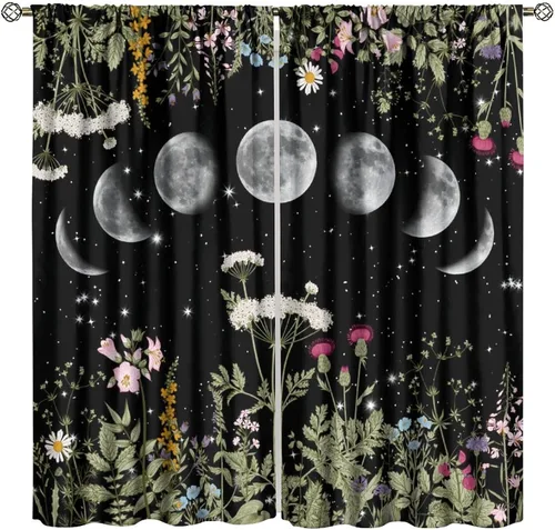 Vista 14 de Cortinas retro de luna, bosque mágico con hojas iluminadas por la luna, cortinas de plantas, diseño gótico floral de cielo estrellado para ventana