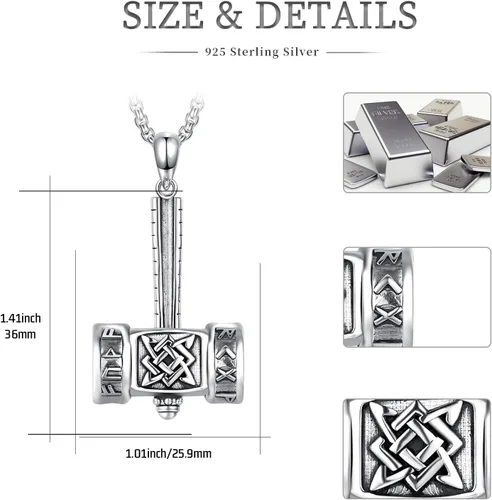 Vista 4 de Thor's Hammer Talismán Collar Colgante de amuleto vikingo de plata de ley S925 brújula nórdicasímbolo pagano celta Odin regalo para hombres