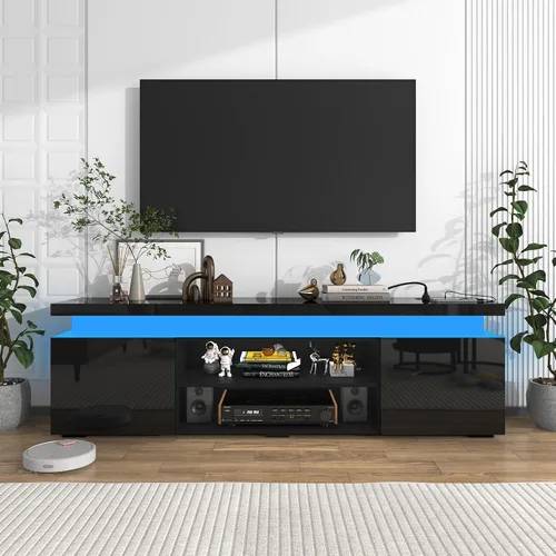 Vista 7 de Hlivelood Soporte de TV LED para TV de 75 pulgadas, moderno soporte de TV con toma de corriente, consola de TV de alto brillo con almacenamiento
