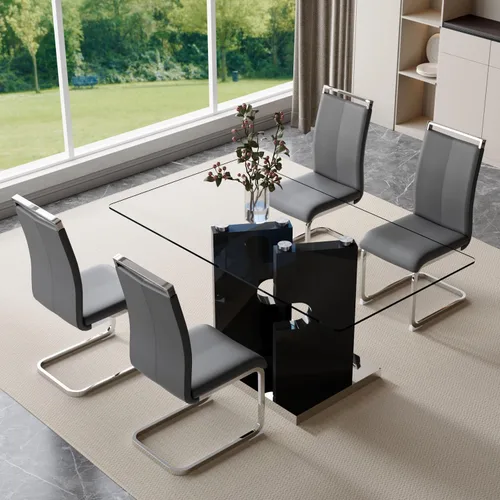 Vista 15 de Juego de 4 mesas de comedor de cristal, juego de mesa de comedor de Mesa negra+silla negra