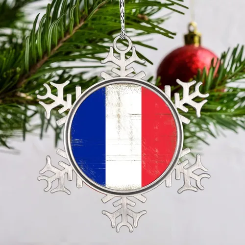 Vista 2 de Adornos de copo de nieve con la bandera nacional de Francia, adornos de árbol de Navidad de Francia, recuerdo de la ciudad del país, adornos
