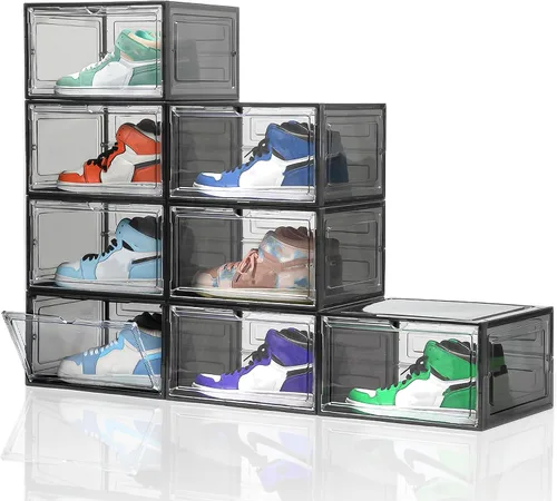 Vista 10 de Attelite Organizador grande y transparente para zapatos, caja de almacenamiento apilable de plástico con puerta magnética, contenedores grandes
