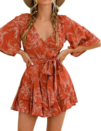 Vista 2 de Relipop Enterizo de verano para mujer, diseño floral, cuello en V, manga corta, cintura con nudo y dobladillo con volantes, overol corto casual