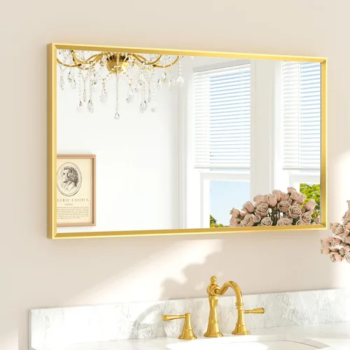 Vista 67 de TETOTE Espejo de baño dorado cepillado de 20" x 30", espejo de tocador de baño rectangular de latón dorado cepillado con marco biselado para sobre