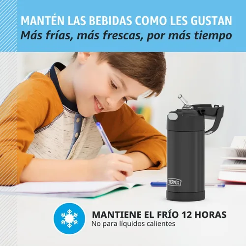 Vista 5 de THERMOS FUNTAINER - Botella de agua con pajilla, 12 onzas, botella de agua de acero inoxidable aislada al vacío para niños con tapa, color negro