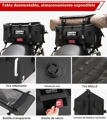 Vista 3 de OSAH DRYPAK Bolsa trasera impermeable para motocicleta, 40L Bolsa de lona impermeable, bolsa seca para motocicleta, bolsa de equipaje multifuncional