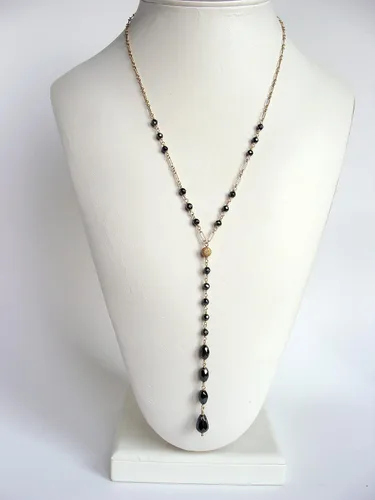 Vista 2 de Long gold hematite Y necklace, lariat, elegant slim statement piece, adjustable length, long drop, handmade