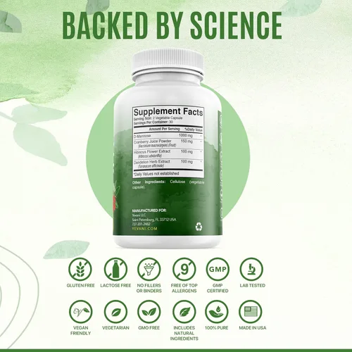 Vista 3 de Cápsulas de D-manosa 100% pura de 1000 mg con extracto de arándano, hibisco y diente de león, fórmula profesional de prevención de infecciones