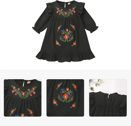 Vista 6 de Vestido mexicano de manga larga con bordado floral, para fiesta, traje étnico tradicional, vestido de verano con volantes