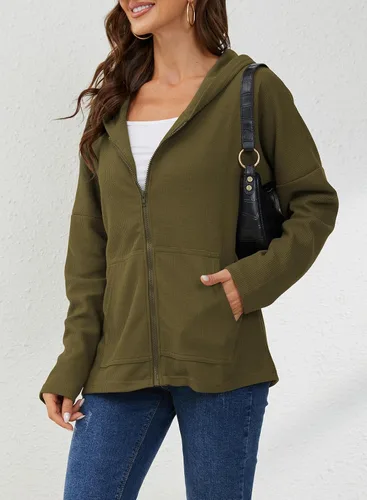 Vista 5 de Y YOLITEE Sudadera con capucha y cremallera de punto acanalado de manga larga para mujer