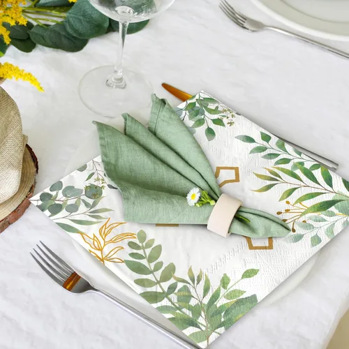Vista 6 de AnyDesign 80 servilletas de papel con cruz vegetal, hojas verdes, desechables, servilletas de almuerzo, bautismo, postre, cena, servilletas de mano
