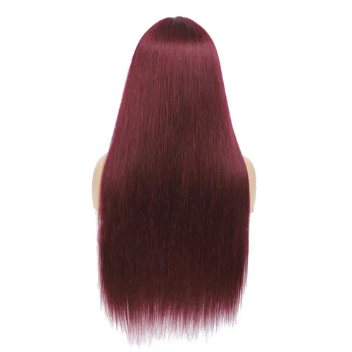 Vista 2 de Pelucas de cabello humano lacio hechas a máquina con flequillo, color borgoña #99J, sin pegamento, hechas a máquina, sin encaje frontal