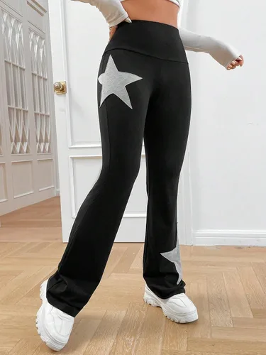 Vista 4 de COZYEASE Pantalones largos con estampado de estrellas y cintura elástica para mujer, pantalones largos con estampado geométrico