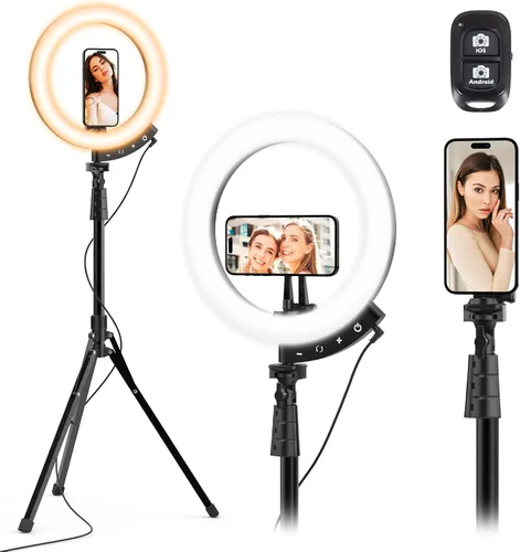 Vista 14 de UBeesize - Anillo de luz para selfie con trípode y soporte para teléfono celular para transmisión en vivo/maquillaje, mini luz LED para cámara