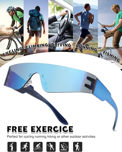 Vista 5 de MASDUN Gafas de sol futuristas envolventes sin montura para mujeres y hombres gafas de sol Cyberpunk con visera