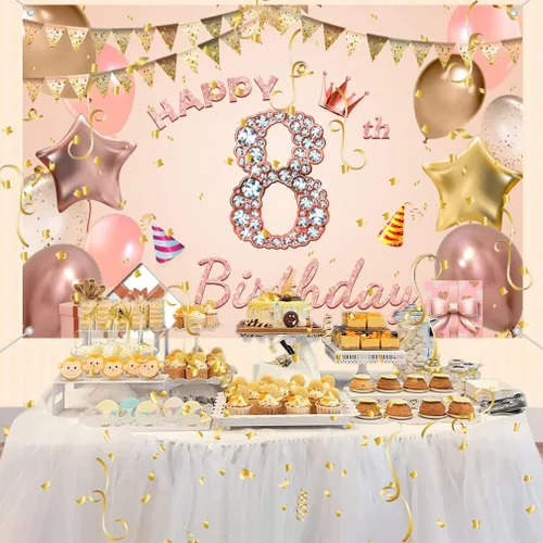 Vista 3 de Cartel de tela para decoración de cumpleaños número 8 para niñas de 8 años, cartel de tela para fiesta de cumpleaños de niña, fondo de foto rosa