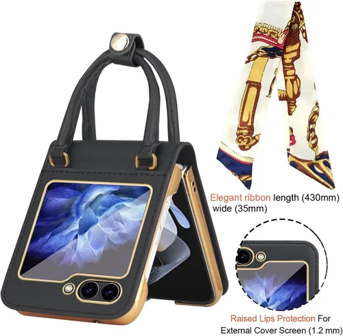 Vista 4 de Funda de cuero prémium para Galaxy Z Flip 6 con agarre de mano y bufanda de seda con correa de muñeca para mujer, funda Z Flip6 con protector
