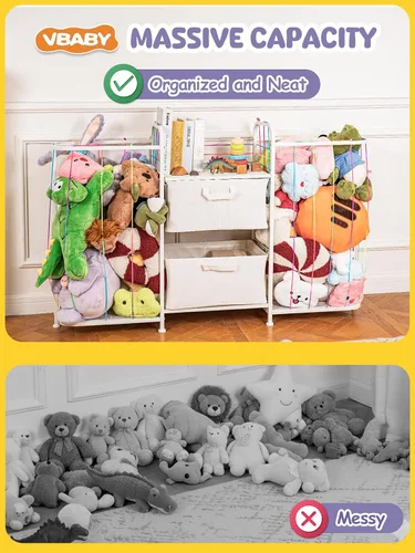 Vista 3 de VBABY Estantería para niños y almacenamiento de juguetes, estante grande 3 en 1 para habitaciones de niños, zoológico de animales de peluche