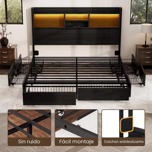 Vista 7 de BRELTAM Base de cama de almacenamiento tamaño Queen con 6 cajones, estación de carga USB, sin ruido, no requiere somier, cama de plataforma con Negro