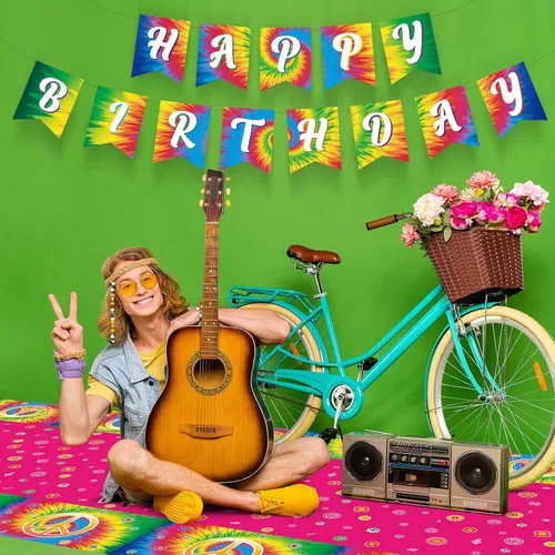 Vista 5 de 172 piezas de suministros para fiesta de cumpleaños de teñido anudado sirven para 24 personas y 60 años 60, decoración de fiesta temática hippie