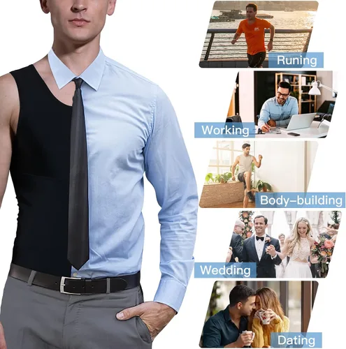 Vista 6 de MJHCJH Camiseta de compresión para hombre, chaleco adelgazante, camiseta interior moldeadora de cuerpo, camiseta sin mangas, moldeadora