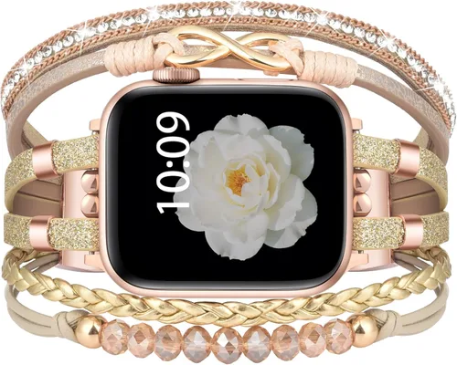 Vista 13 de Pulsera con cuentas boho para Apple Watch Band de 46 mm, 40 mm, 38 mm, 41 mm, 44 mm, 42 mm, 45 mm, 49 mm para mujer, accesorios de cuero envolvente