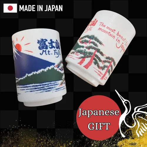 Vista 4 de Tazas de té japonesas Sushi-Yunomi Mino Ware con posavasos de bambú (juego de 2) (Mt. Fuji)