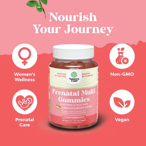 Vista 4 de Natures Craft Gomitas prenatales veganas para mujer, vitaminas prenatales gomosas para mujeres con ácido fólico de hierro y mezcla de superfrutas