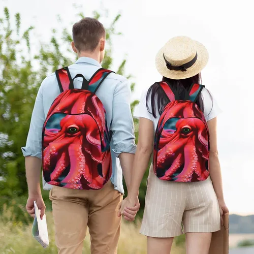 Vista 6 de Mochila brillante de la decoración de la Navidad Mochila casual ligera Mochila de lona multiusos con compartimento para portátil, pulpo rojo