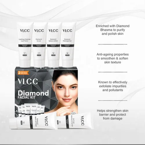 Vista 5 de VLCC Kit facial de diamante – Un solo uso Facial como salón en casa en solo 6 pasos Incluye limpiador, exfoliante, crema, paquete facial y geles