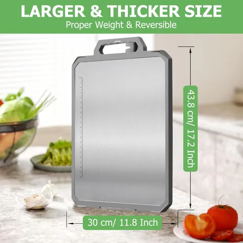 Vista 2 de FYNIX Tabla de cortar de acero inoxidable con labio, tabla de cortar grande reversible con afilador de cuchillos, ranura para jugos, resistente al