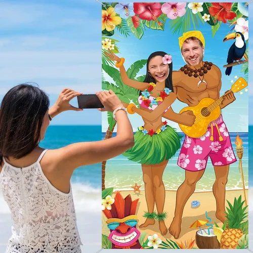 Vista 6 de Capoda Decoraciones de fiesta hawaiana Luau Pareja Photo Prop Hawaiian Photo Background Fondo Tropical Beach Prop Pareja Puerta Banner para Verano