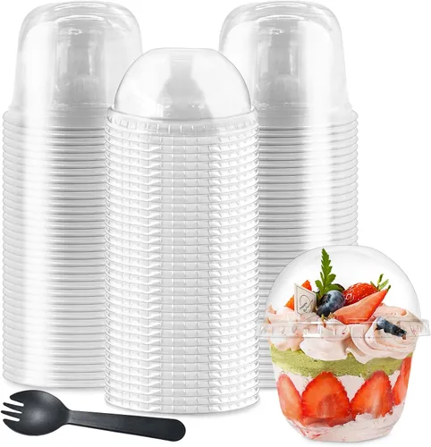 Vista 7 de Szsrcywd 50 Piezas Vasos de Plástico Transparente de 6 oz con Tapas de Cúpula, Vaso de Parfait Transparente, Vasos de Postre Desechables para Fruta