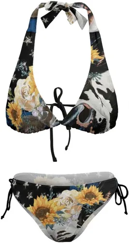 Vista 7 de Bikini para novia sexy bandera, girasol, parte inferior, traje de baño con tirantes ajustables, cuello halter, triangular