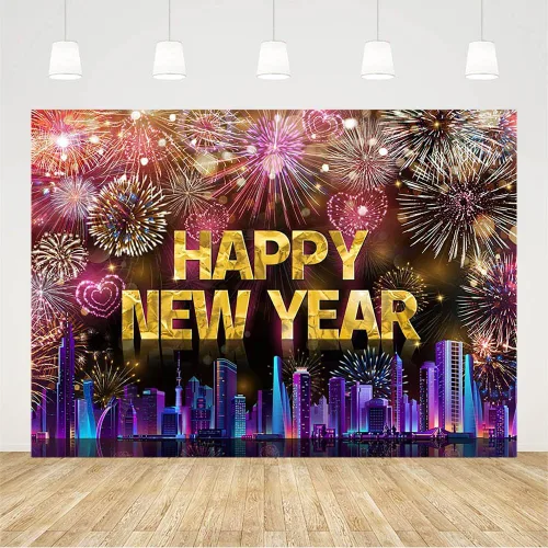 Vista 2 de AIBIIN Telón de fondo de 7 x 5 pies con texto en inglés «Happy New Year» 2026, noche de la ciudad, víspera de Año Nuevo, grandiosos fuegos Fuegos