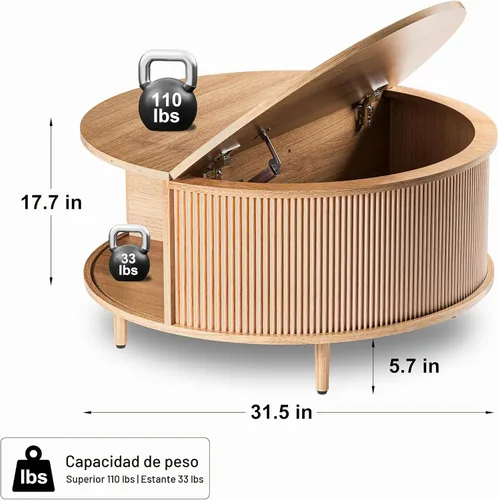 Vista 2 de Mesa auxiliar redonda, mesa central acanalada de 31.5 pulgadas con almacenamiento, mesa de centro elevable con almohadillas ajustables, puerta