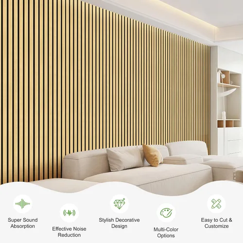Vista 2 de Paquete de 2 paneles de madera para pared, paneles acústicos de listones de madera de 48 x 24 pulgadas, paneles acústicos para decoración de paredes