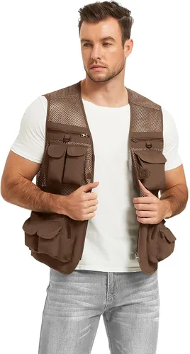 Vista 11 de Chaleco Flygo para hombre, para pesca, trabajo, safari, viaje de reportajes o para actividades al aire libre en verano, con bolsillos