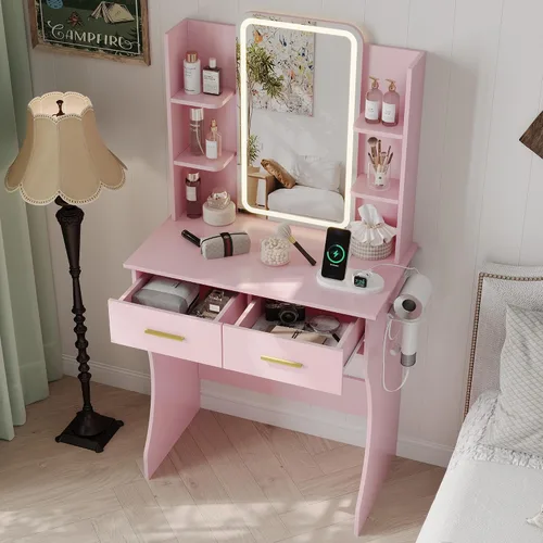 Vista 3 de HUANLEGO Pequeño escritorio rosa con espejo y luces para mujeres y niñas