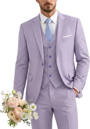 Vista 34 de Traje de 3 piezas para hombre con corbata, chaleco sólido de un botón y beige (529-beige)