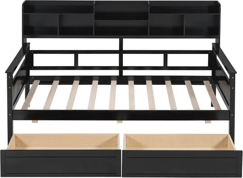 Vista 5 de Sofá cama de tamaño individual con cajones, sofá cama individual de madera con estante de noche, soporte de listones de madera, espresso