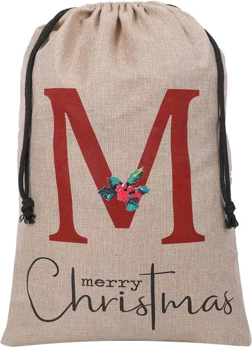 Vista 15 de Subyan Bolsa de regalo de Navidad de arpillera de 27 x 23 pulgadas, extra grande, reutilizable, personalizada, con monograma, con cordón