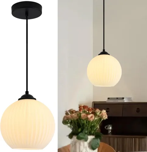 Vista 15 de Luces Colgantes Modernas de Mediados de Siglo para Isla de Cocina, Lámpara Colgante Grande de Vidrio Lechoso Acanalado, Accesorio de Iluminación